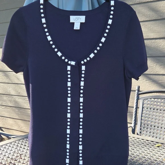Easter Brunch Anne Taylor Loft Women's Navy Blue Sweater Full Snap Front XS - Picture 10 of 16